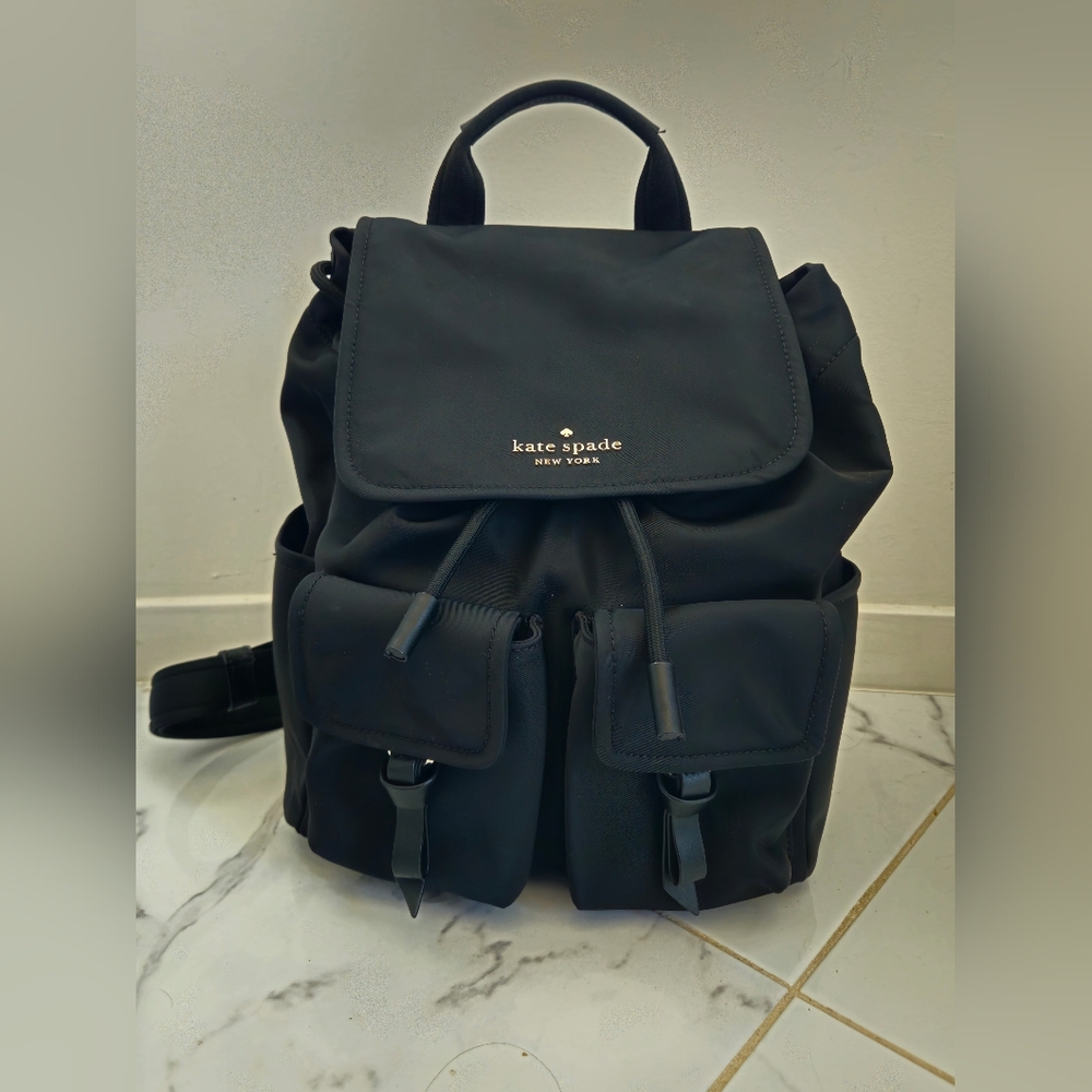 Kate Spade Carley Flap Drawstring Nylon Backpack w/ Pockets - BLACK